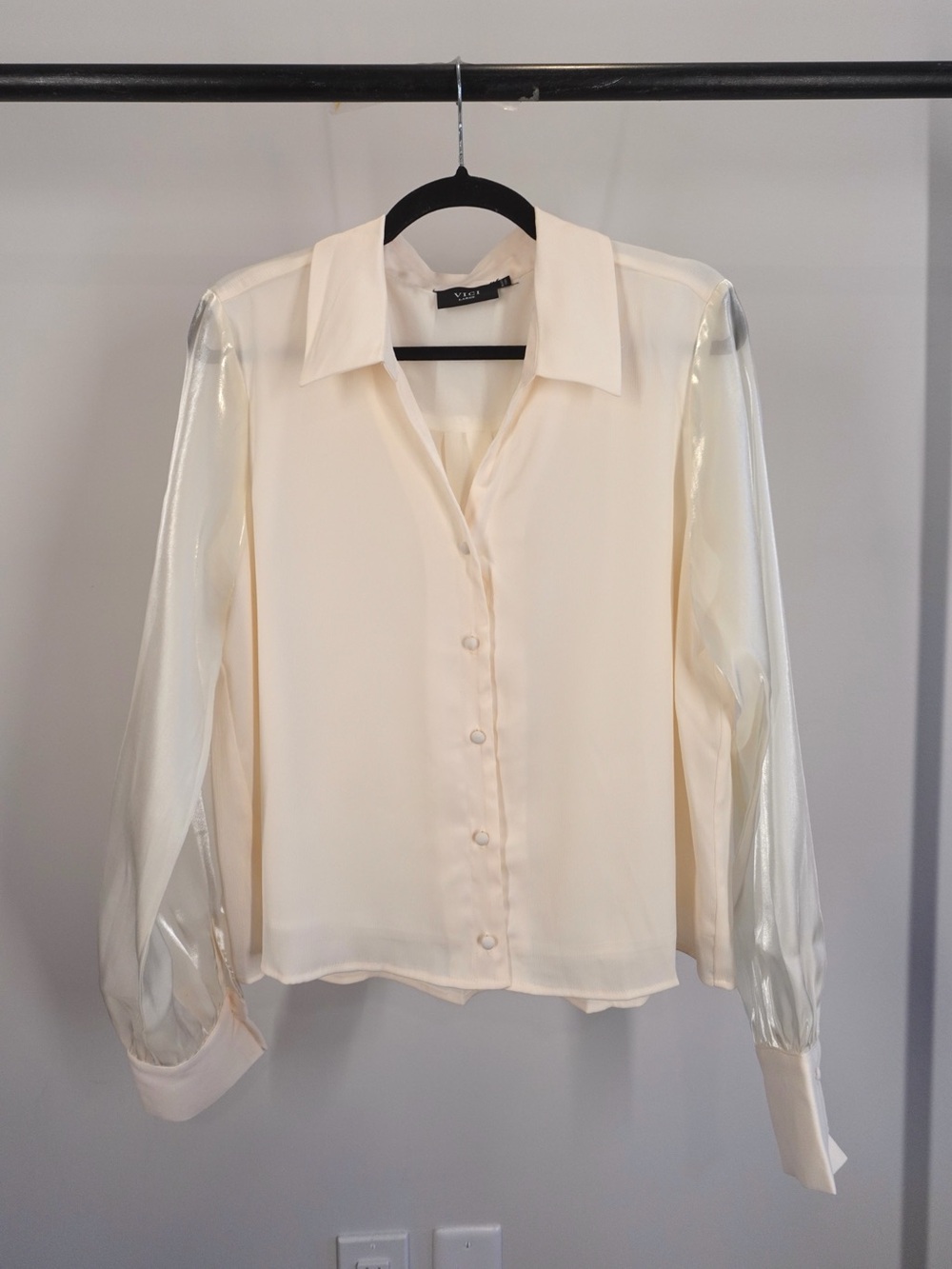 VICI Cream Button Down Blouse with Shimmery Sheer Long Sleeves